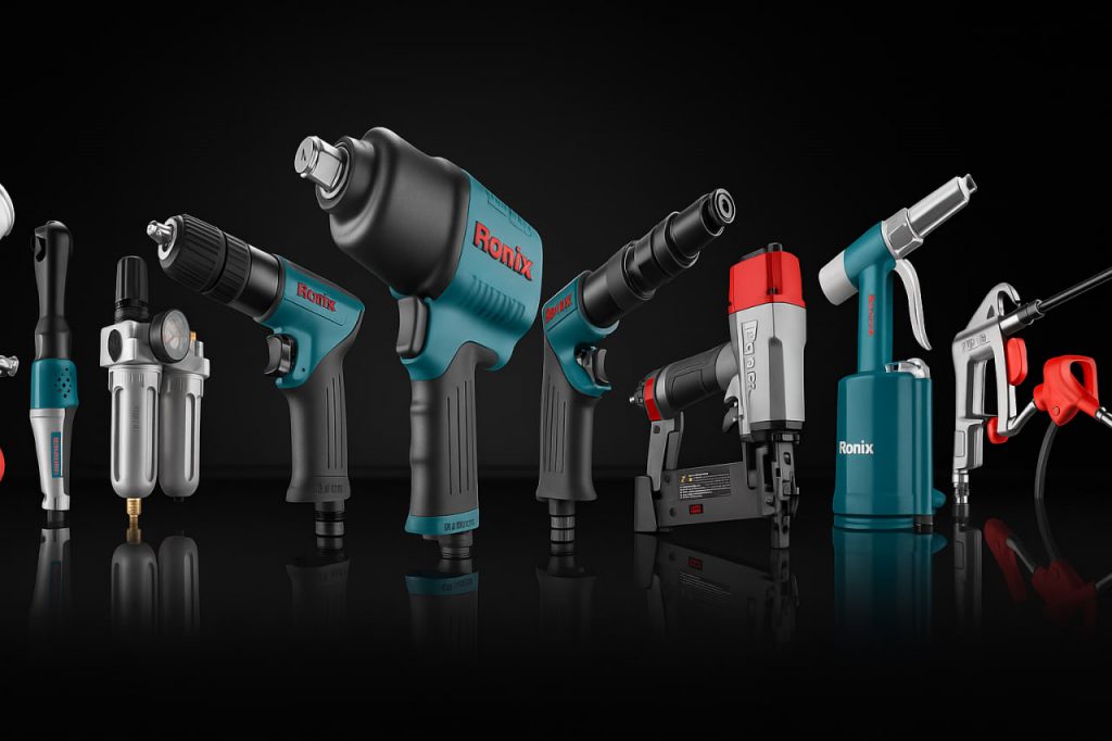 نمای کامل ابزارهای پنوماتیک و برقی رونیکس با طراحی ارگونومیک، مناسب برای کارگاههای صنعتی و پروژههای ساختمانی