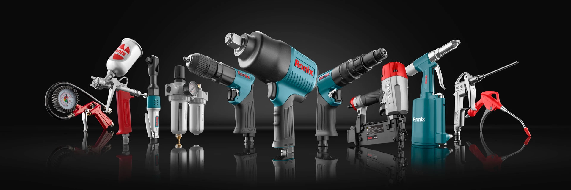 مجموعه ابزارهای پنوماتیک و برقی رونیکس شامل بکس بادی، میخکوب، پیستوله رنگ و ابزار صنعتی