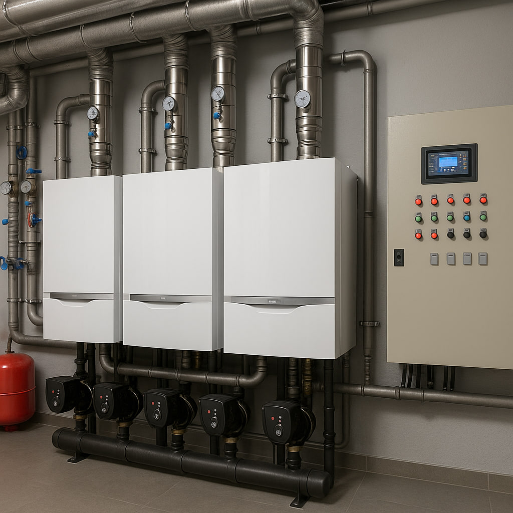 موتورخانه مرکزی با دیگهای چگالشی و پمپهای سیرکولاسیون برای ساختمان چندواحدی