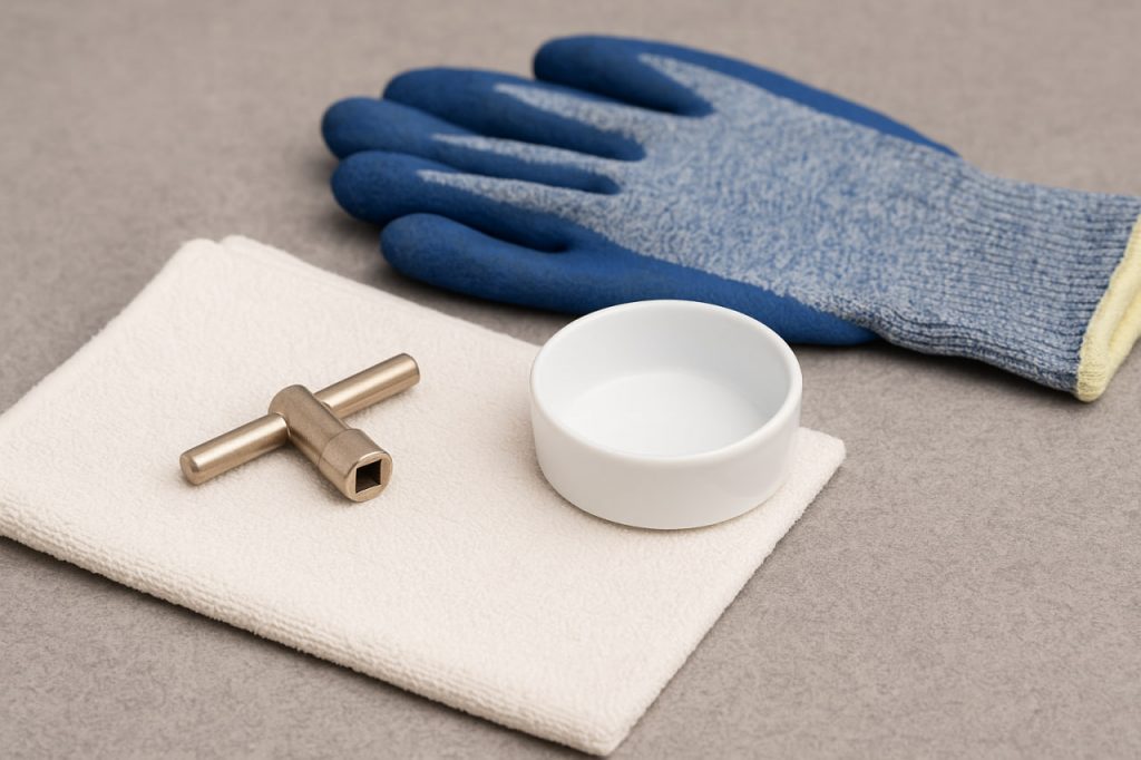 ابزار لازم برای هواگیری رادیاتور شامل آچار هواگیری، ظرف جمعآوری آب و دستکش ایمنی