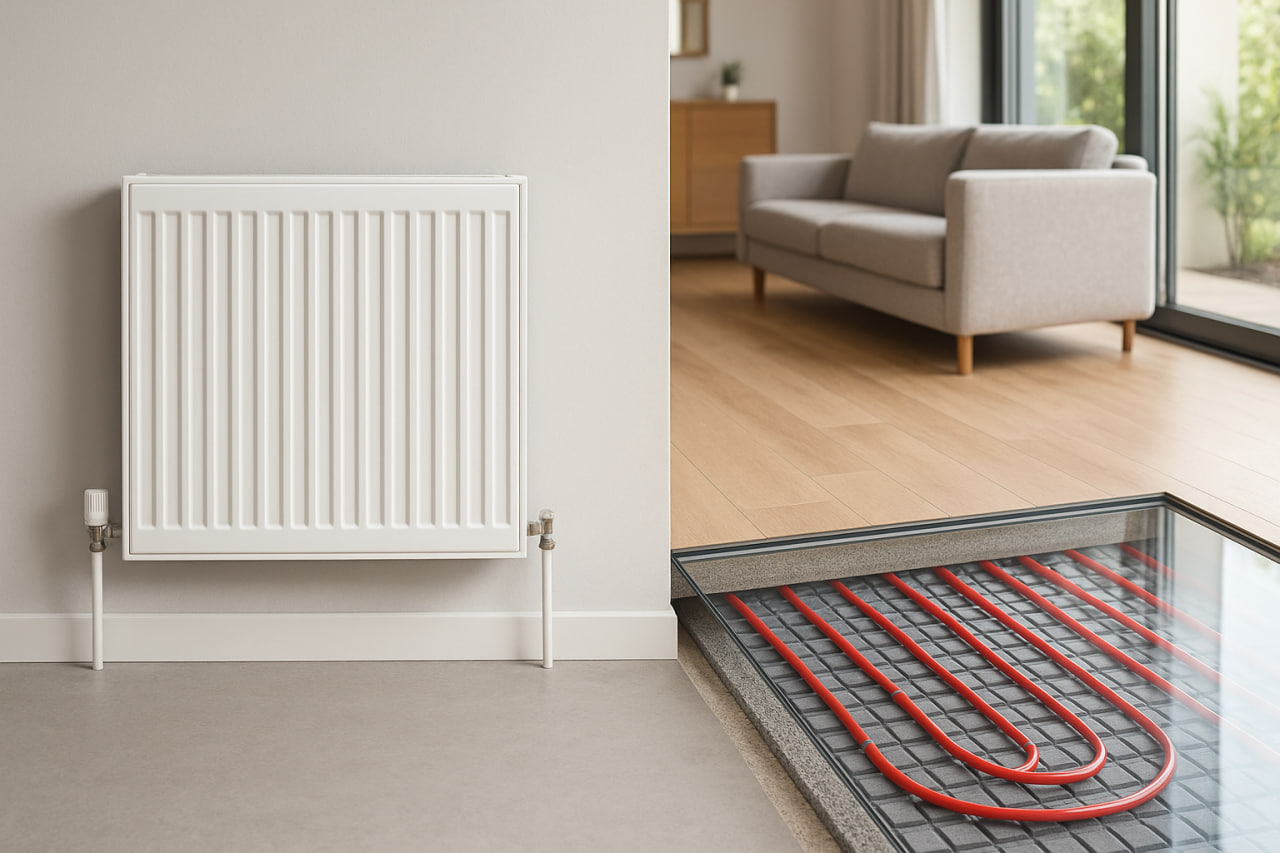 مقایسه بصری گرمایش از کف و رادیاتور در یک خانه مدرن؛ رادیاتور دیواری در سمت چپ و لوله‌کشی گرمایش از کف در سمت راست با کف شیشه‌ای نمایان