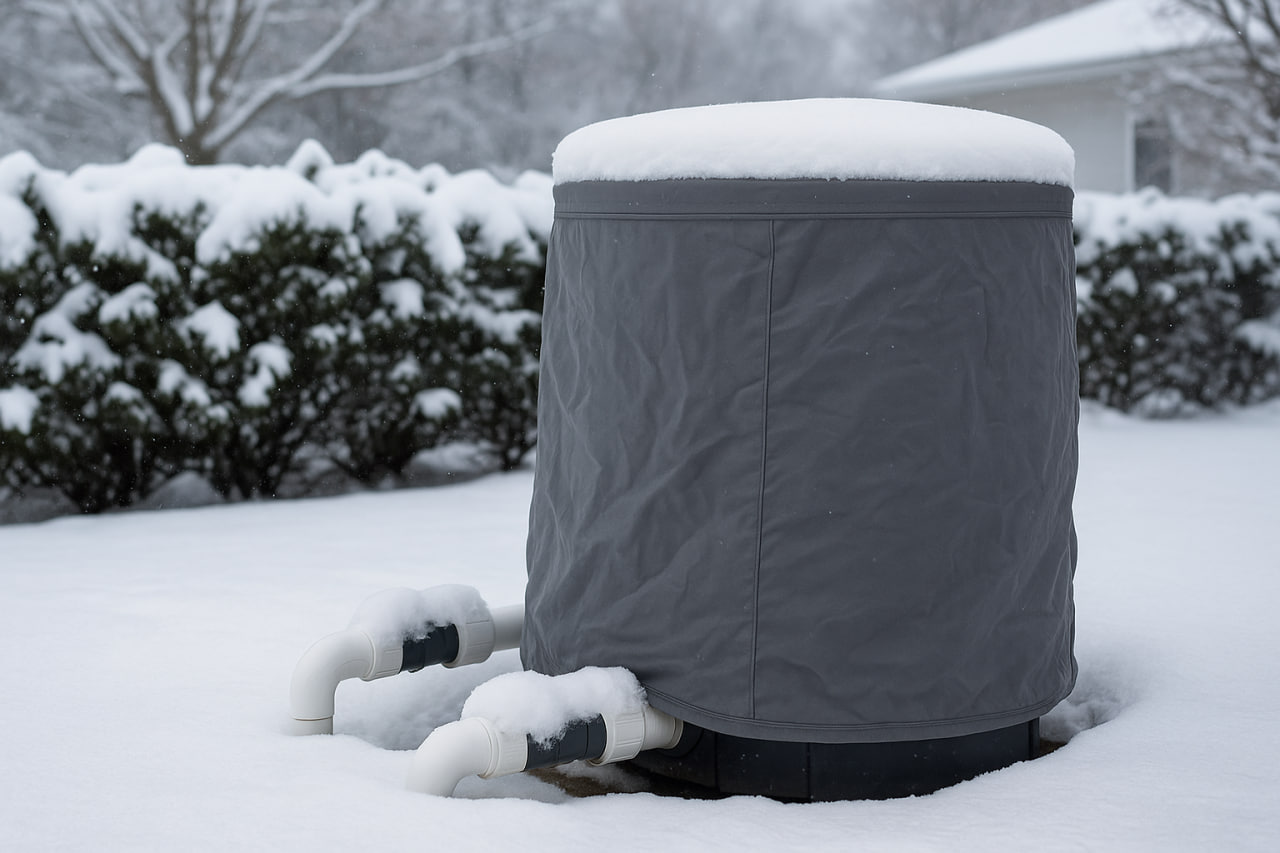 پمپ حرارتی استخر پوشیدهشده با کاور زمستانی در فضای برفی برای جلوگیری از یخزدگی