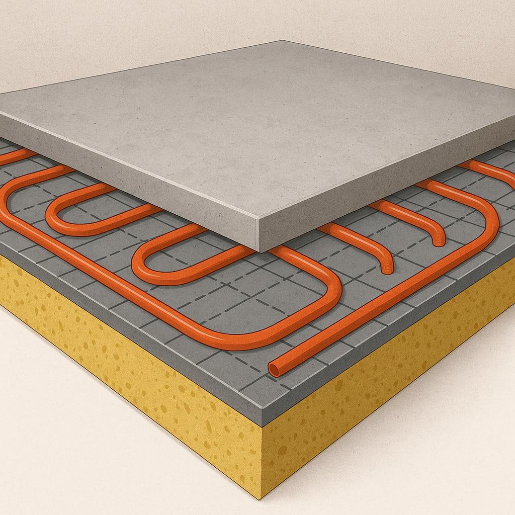 لایه‌های سیستم گرمایش از کف شامل عایق، لوله‌کشی و بتن کف