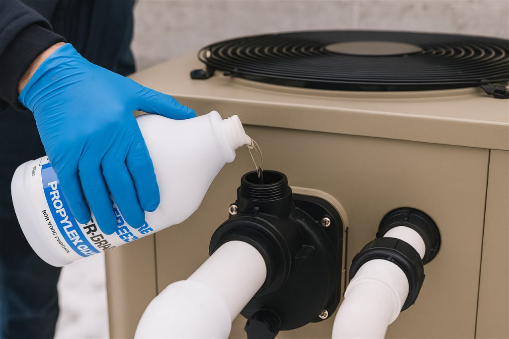 افزودن ضدیخ پروپیلنگلیکول Food-Grade به مدار بسته پمپ حرارتی استخر