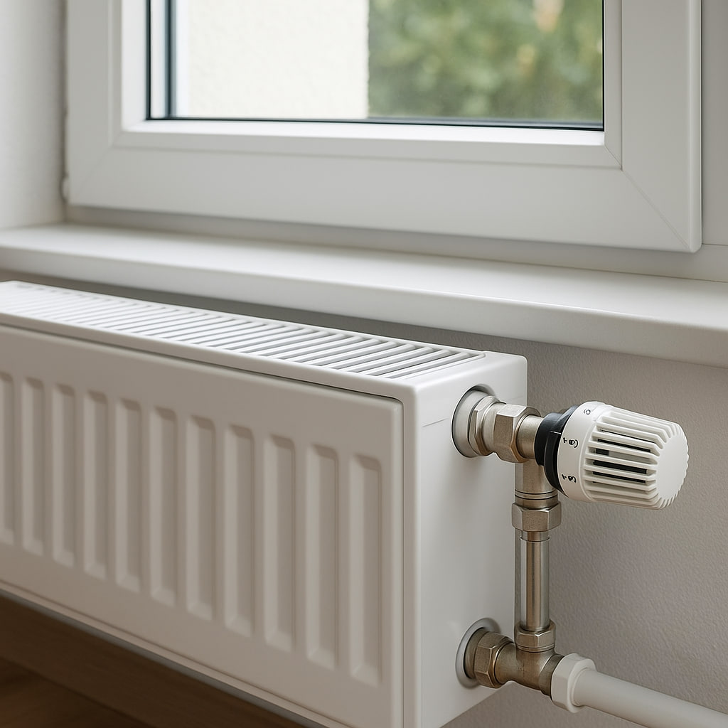 رادیاتور پنلی نصب‌شده زیر پنجره با شیر ترموستاتیک برای کنترل دما