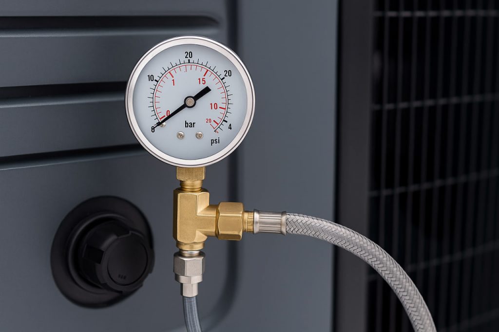 تست فشار ایمن مدار پمپ حرارتی استخر با مانومتر در محدوده استاندارد