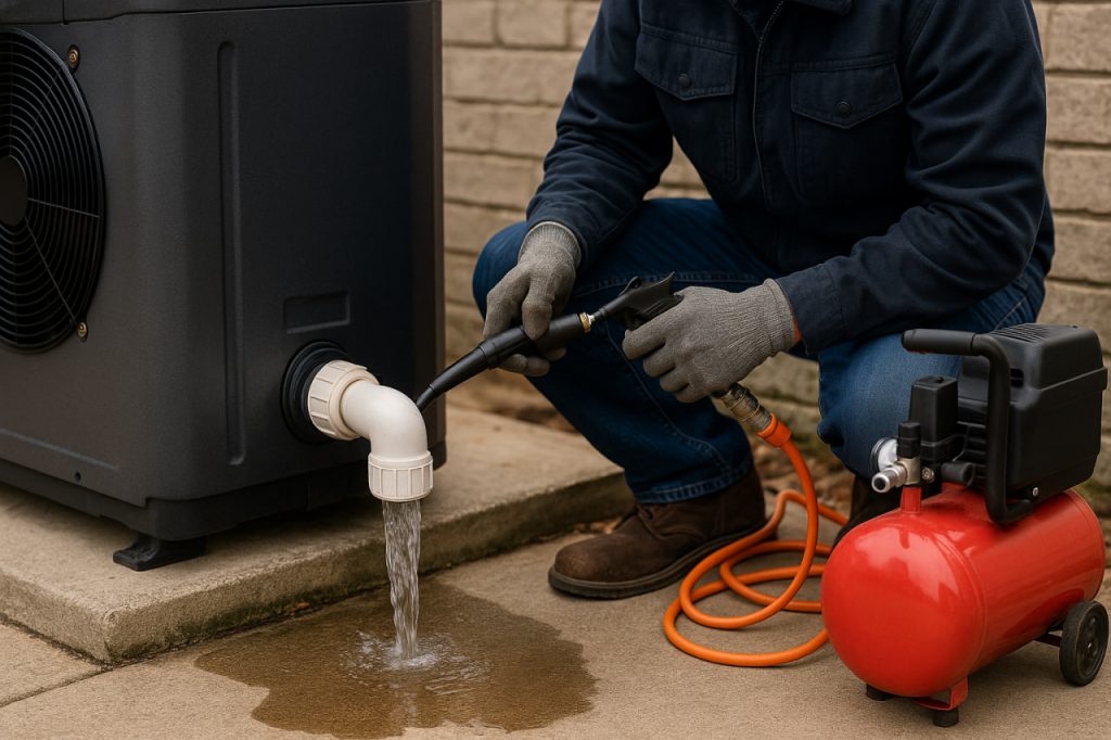 تخلیه کامل آب پمپ حرارتی استخر با هوای کمفشار برای جلوگیری از ترکخوردگی مبدل