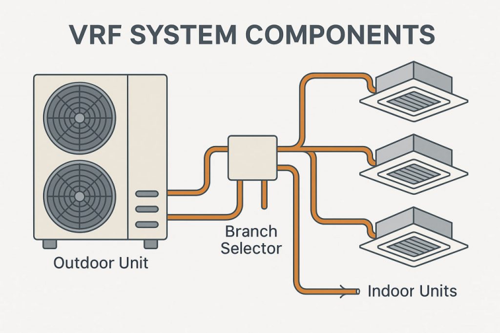 شماتیک اجزای سیستم VRF شامل یونیت بیرونی، یونیتهای داخلی و لولهکشی مبرد