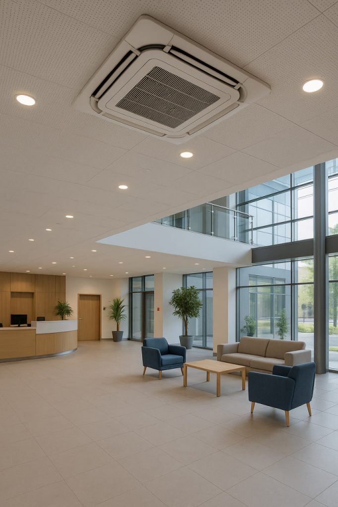 یونیت داخلی کاستی سیستم VRF نصبشده در سقف ساختمان اداری با کنترل مستقل دما در هر ناحیه